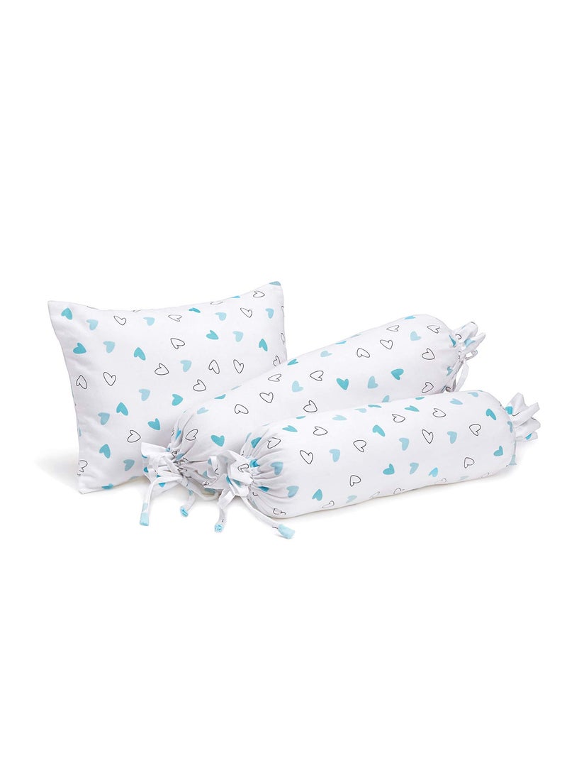 The White Cradle Cot Pillow 2 Bolsters Set with Fillers Organic Cotton Fabric Softest Fiber Filling Protective Comfort Blue Hearts