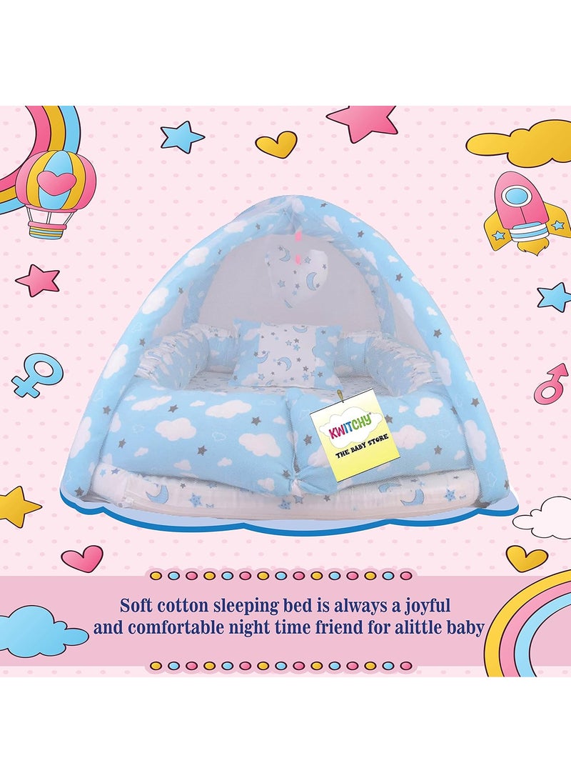 Kwitchy New Born Baby Bedding Set Luxury Cushioned Mattress with Mosquito Net Carry Nest Bag 06 Months Blue 2PCS Set