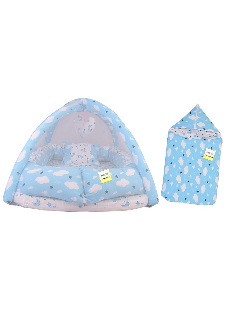 Kwitchy New Born Baby Bedding Set Luxury Cushioned Mattress with Mosquito Net Carry Nest Bag 06 Months Blue 2PCS Set