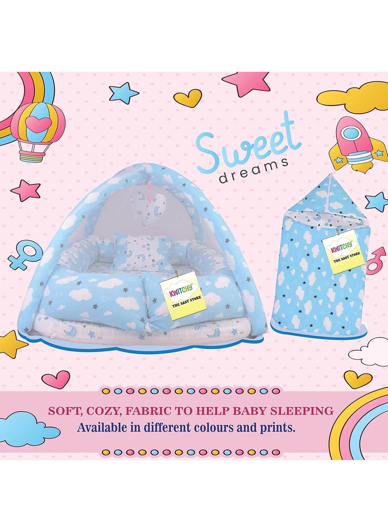 Kwitchy New Born Baby Bedding Set Luxury Cushioned Mattress with Mosquito Net Carry Nest Bag 06 Months Blue 2PCS Set