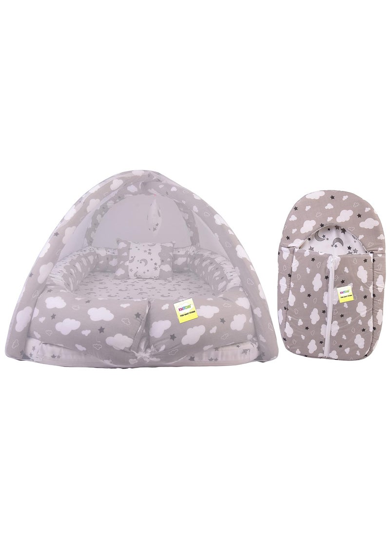 Kwitchy New Born Baby Bedding Set Luxury Cushioned Mattress with Mosquito Net Carry Nest Bag 06 Months Grey 2PCS Set