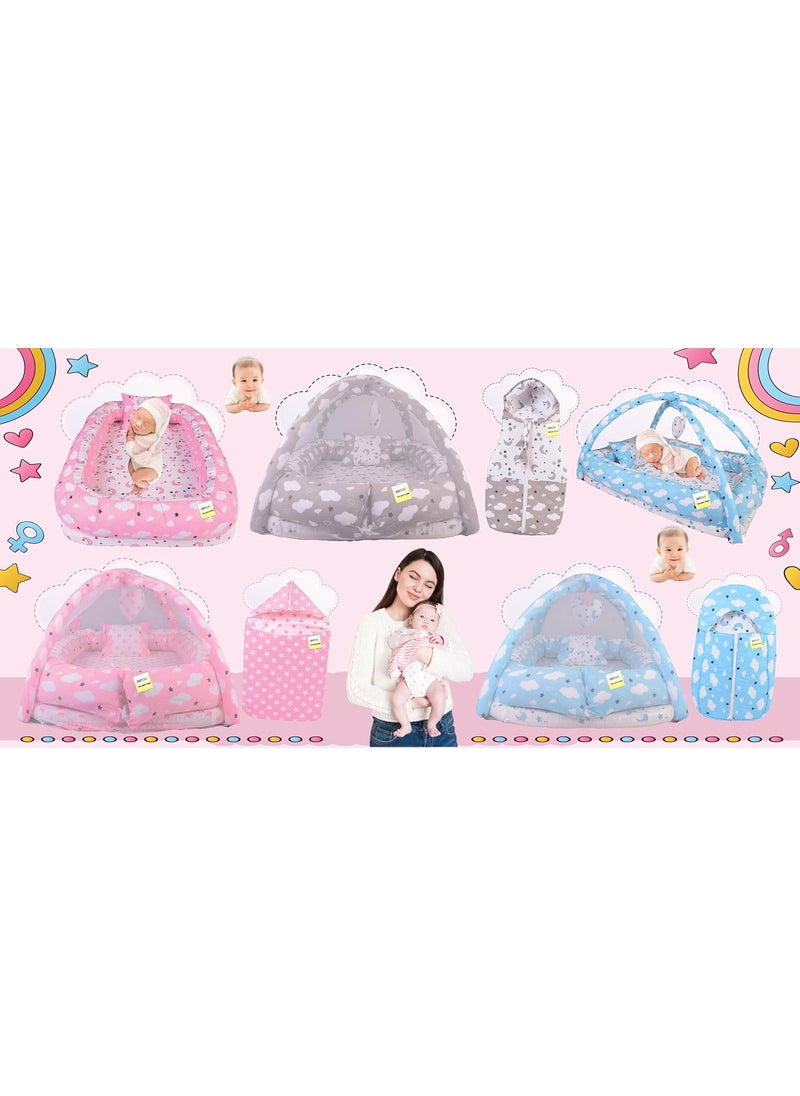 Kwitchy New Born Baby Bedding Set Luxury Cushioned Mattress with Mosquito Net Carry Nest Bag 06 Months Grey 2PCS Set