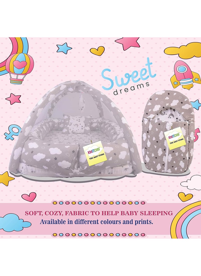 Kwitchy New Born Baby Bedding Set Luxury Cushioned Mattress with Mosquito Net Carry Nest Bag 06 Months Grey 2PCS Set