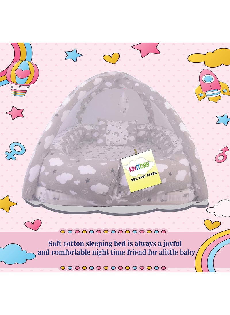 Kwitchy New Born Baby Bedding Set Luxury Cushioned Mattress with Mosquito Net Carry Nest Bag 06 Months Grey 2PCS Set