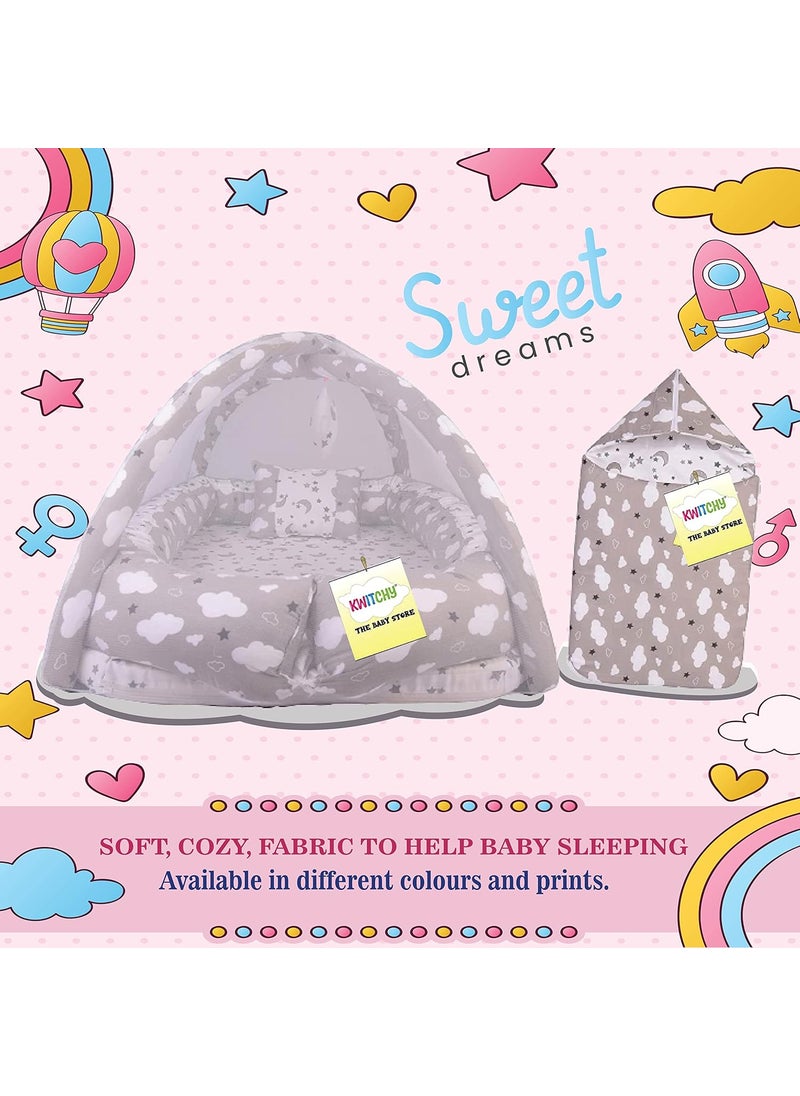 Kwitchy New Born Baby Bedding Set Luxury Cushioned Mattress with Mosquito Net Carry Nest Bag 06 Months Grey 2PCS Set