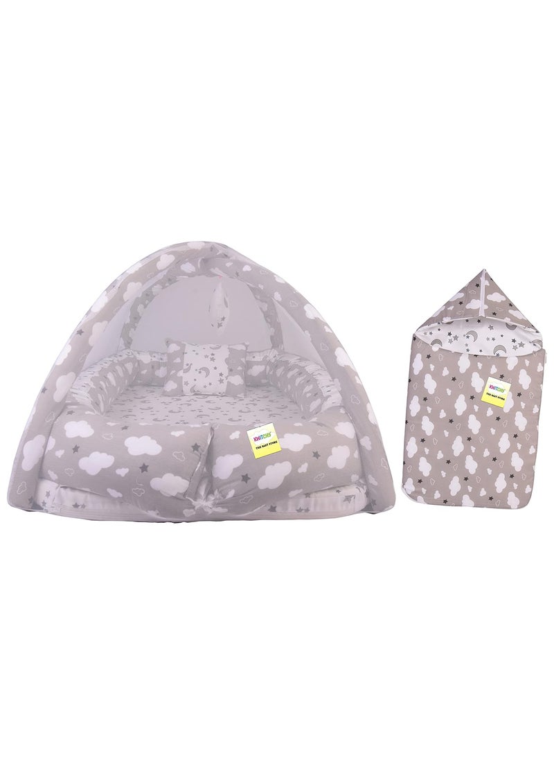 Kwitchy New Born Baby Bedding Set Luxury Cushioned Mattress with Mosquito Net Carry Nest Bag 06 Months Grey 2PCS Set