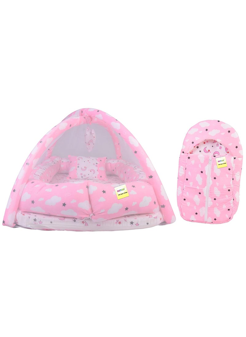 Kwitchy New Born Baby Bedding Set Luxury Cushioned Mattress with Mosquito Net Carry Nest Bag 06 Months Pink 2PCS Set