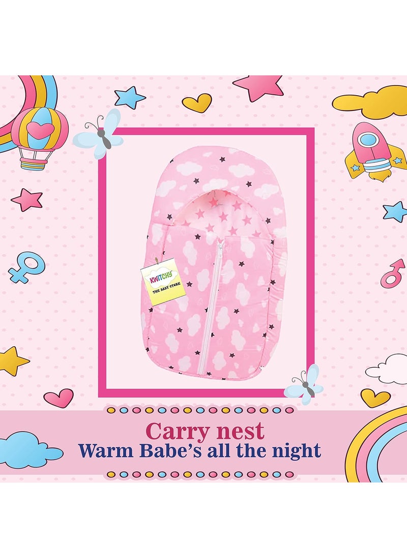Kwitchy New Born Baby Bedding Set Luxury Cushioned Mattress with Mosquito Net Carry Nest Bag 06 Months Pink 2PCS Set