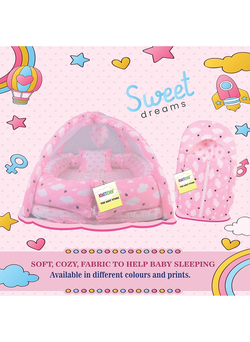 Kwitchy New Born Baby Bedding Set Luxury Cushioned Mattress with Mosquito Net Carry Nest Bag 06 Months Pink 2PCS Set