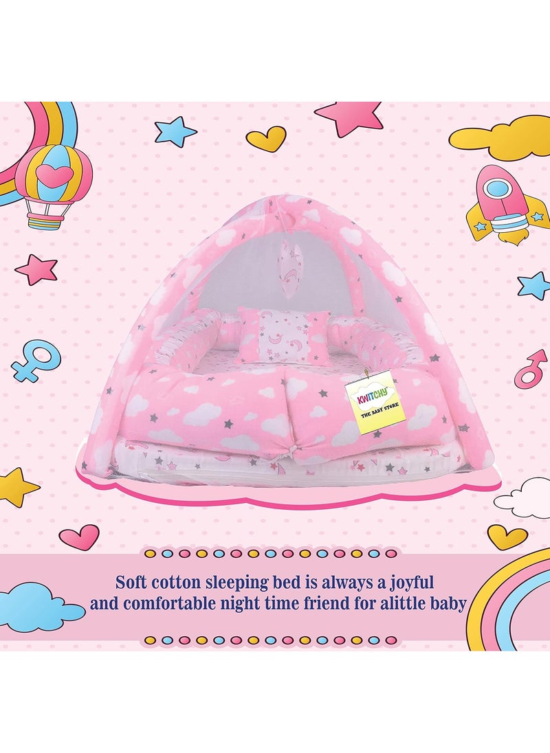 Kwitchy New Born Baby Bedding Set Luxury Cushioned Mattress with Mosquito Net Carry Nest Bag 06 Months Pink 2PCS Set