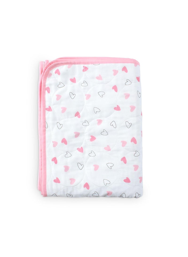 The White Cradle Organic Cotton Softest Baby DoharBlanket Quilt for CribCot with 3 Soft Fabric Layers Reversible Designs 2 Muslin Center Flannel 38 x 48 inch Pink Hearts