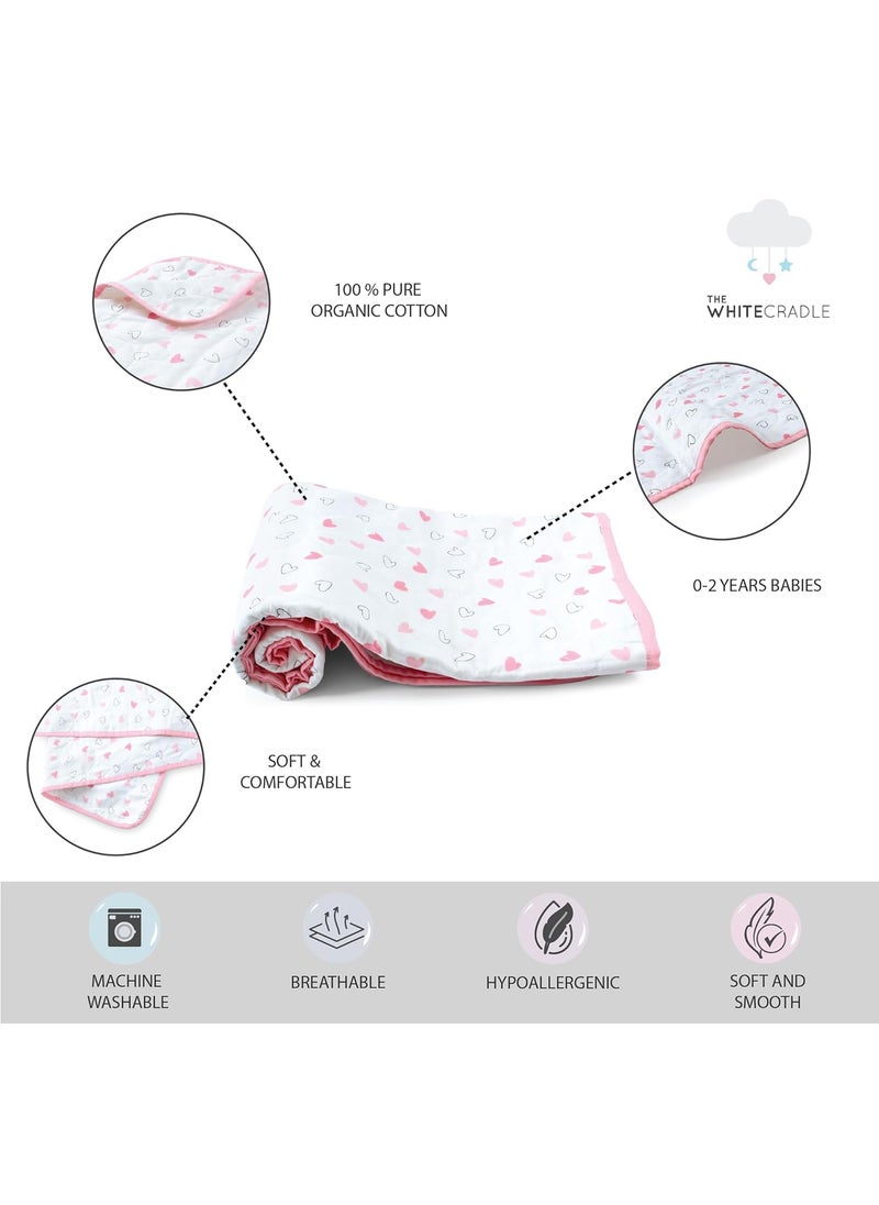 The White Cradle Organic Cotton Softest Baby DoharBlanket Quilt for CribCot with 3 Soft Fabric Layers Reversible Designs 2 Muslin Center Flannel 38 x 48 inch Pink Hearts