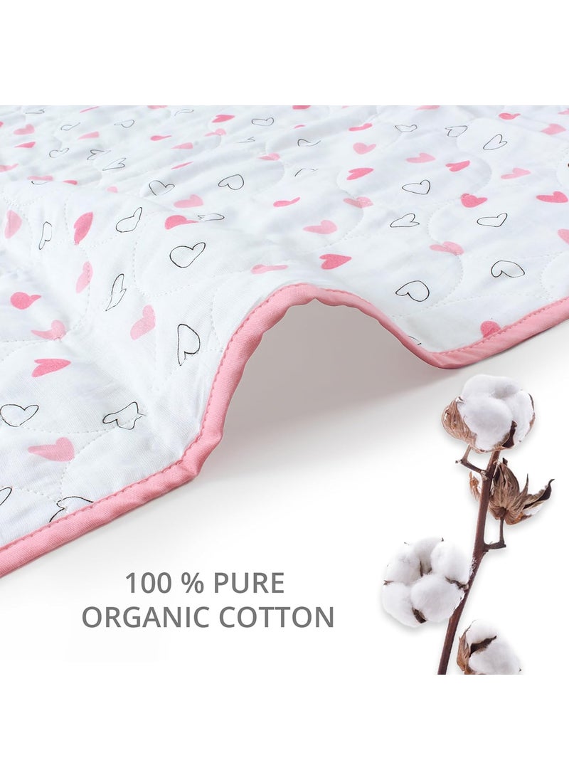 The White Cradle Organic Cotton Softest Baby DoharBlanket Quilt for CribCot with 3 Soft Fabric Layers Reversible Designs 2 Muslin Center Flannel 38 x 48 inch Pink Hearts