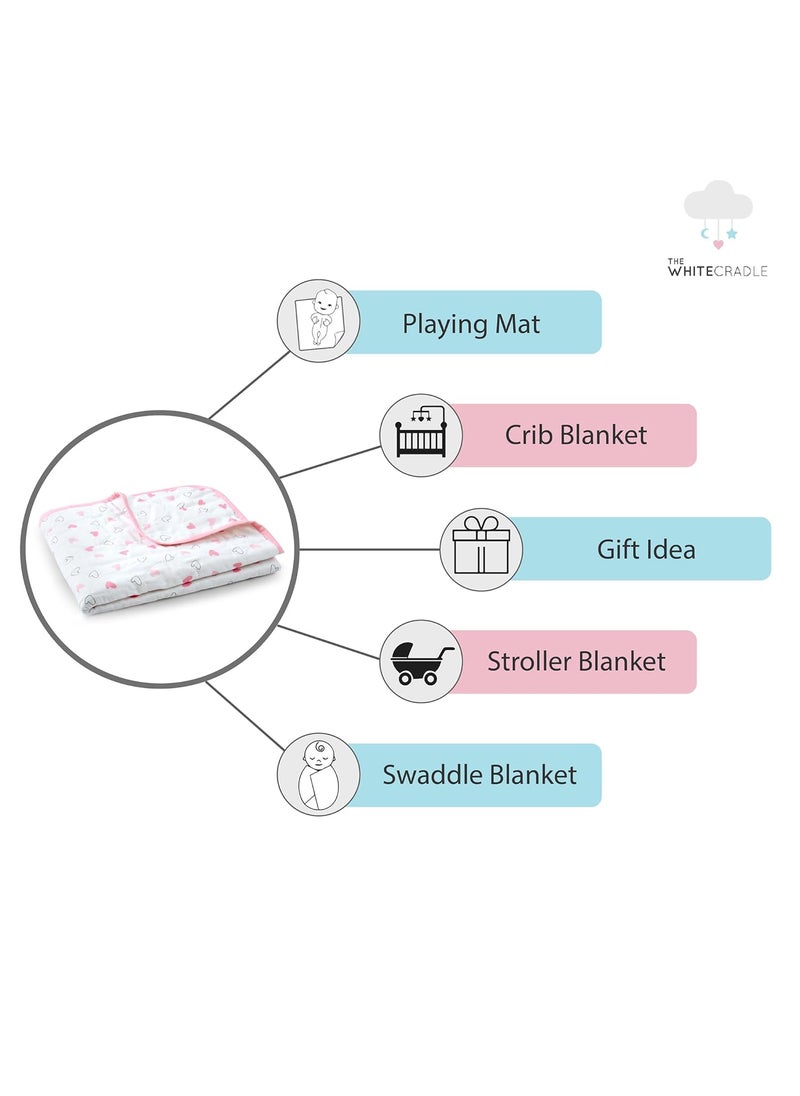 The White Cradle Organic Cotton Softest Baby DoharBlanket Quilt for CribCot with 3 Soft Fabric Layers Reversible Designs 2 Muslin Center Flannel 38 x 48 inch Pink Hearts