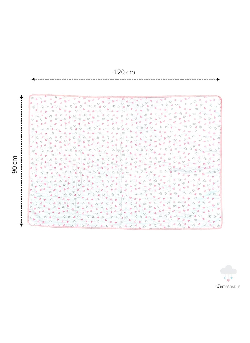 The White Cradle Organic Cotton Softest Baby DoharBlanket Quilt for CribCot with 3 Soft Fabric Layers Reversible Designs 2 Muslin Center Flannel 38 x 48 inch Pink Hearts