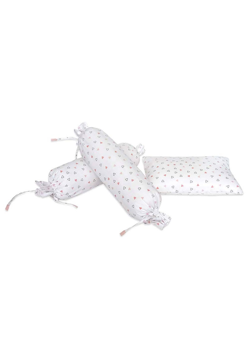 The White Cradle Cot Pillow 2 Bolsters Set with Fillers Organic Cotton Fabric Softest Fiber Filling Protective Comfort Pink Triangles