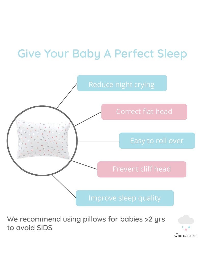 The White Cradle Cot Pillow 2 Bolsters Set with Fillers Organic Cotton Fabric Softest Fiber Filling Protective Comfort Pink Triangles