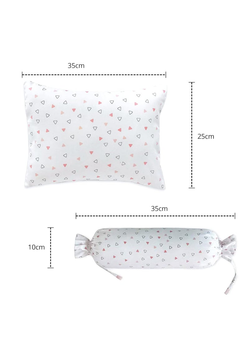 The White Cradle Cot Pillow 2 Bolsters Set with Fillers Organic Cotton Fabric Softest Fiber Filling Protective Comfort Pink Triangles