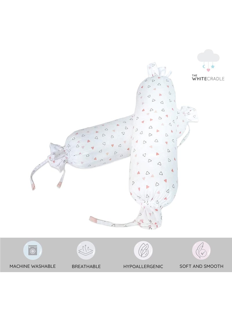 The White Cradle Cot Pillow 2 Bolsters Set with Fillers Organic Cotton Fabric Softest Fiber Filling Protective Comfort Pink Triangles