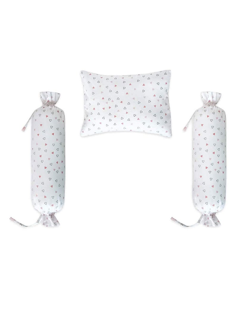 The White Cradle Cot Pillow 2 Bolsters Set with Fillers Organic Cotton Fabric Softest Fiber Filling Protective Comfort Pink Triangles