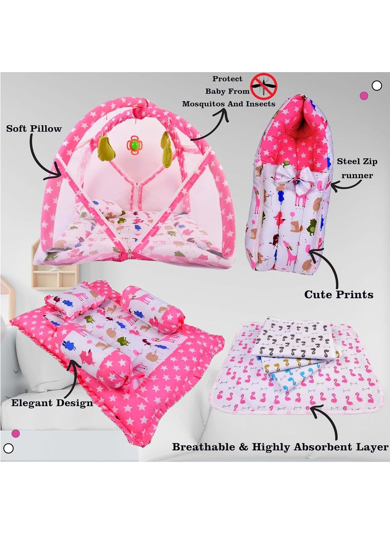 Kwitchy Baby Bedding Set Combo Play Gym Mattress with Net Gaddi Set Nappy Changing Sheets Carry Bag Pink 06 Months 4PCS Set