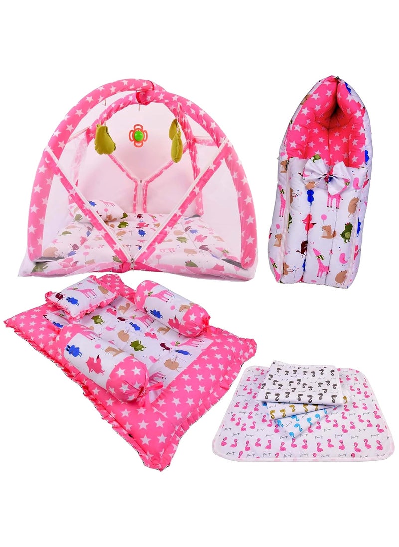 Kwitchy Baby Bedding Set Combo Play Gym Mattress with Net Gaddi Set Nappy Changing Sheets Carry Bag Pink 06 Months 4PCS Set