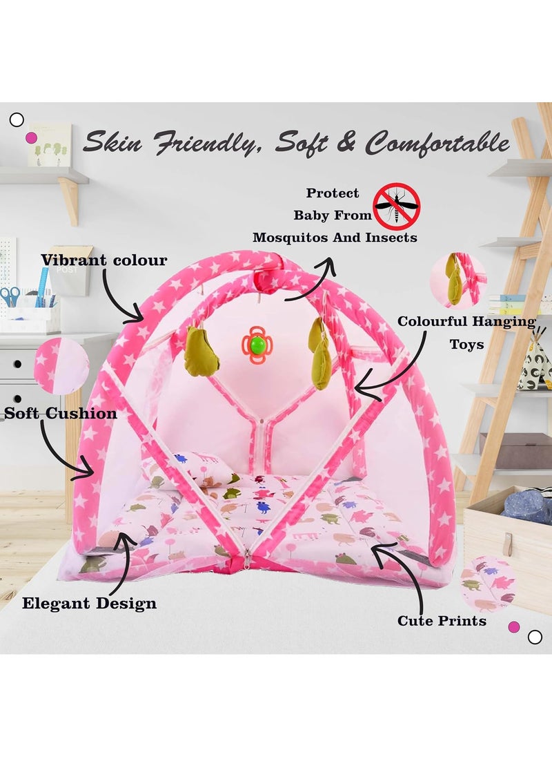 Kwitchy Baby Bedding Set Combo Play Gym Mattress with Net Gaddi Set Nappy Changing Sheets Carry Bag Pink 06 Months 4PCS Set