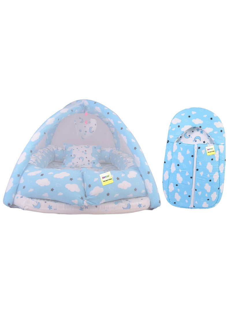Kwitchy New Born Baby Bedding Set Luxury Cushioned Mattress with Mosquito Net Carry Nest Bag 06 Months Blue 2PCS Set