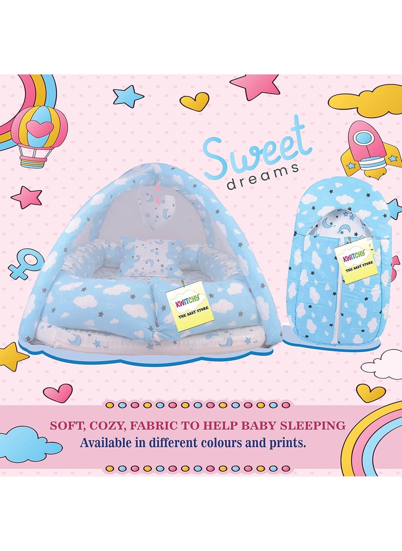 Kwitchy New Born Baby Bedding Set Luxury Cushioned Mattress with Mosquito Net Carry Nest Bag 06 Months Blue 2PCS Set