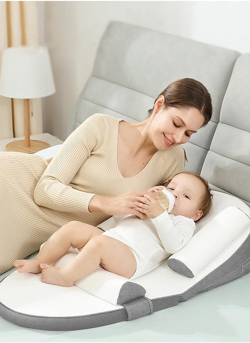 Baby Lounger, Infant Travel Bed, Baby Sleeping Nest, Adjustable Nursing Crib Wedge Pillow, Anti-Reflux, 0-30° Height Adjustable, Relieves Colic & Vomiting, Side Rails (Grey)