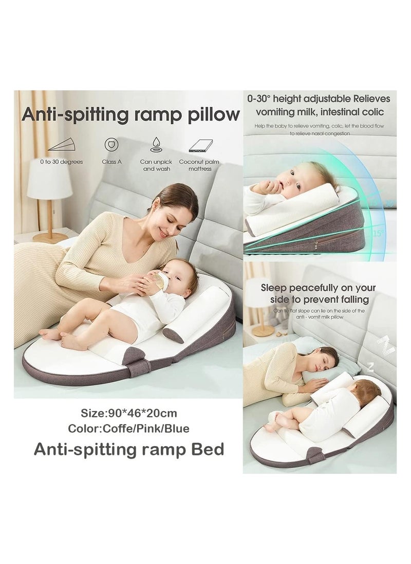 Baby Lounger, Infant Travel Bed, Baby Sleeping Nest, Adjustable Nursing Crib Wedge Pillow, Anti-Reflux, 0-30° Height Adjustable, Relieves Colic & Vomiting, Side Rails (Grey)