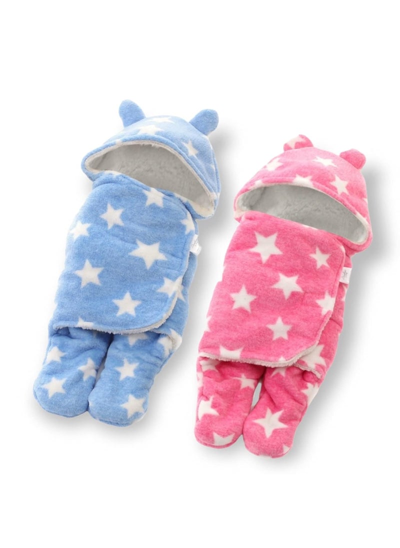 First Kick New Born Sleeping Bag Combo Pack of Super Soft Wearable Baby Wrapper Durable Fleece Polyester Cum Baby Sleeping Bag for Baby Boys Girls 76cm x 70cm 06 Months Pack of 2 Pink Blue