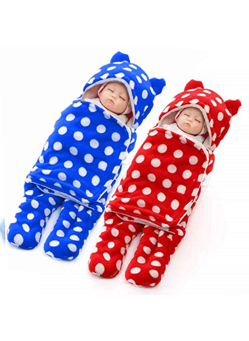 First Kick New Born Sleeping Bag Combo Pack of Super Soft Wearable Baby Wrapper Durable Fleece Polyester Cum Baby Sleeping Bag for Baby Boys Girls 76cm x 70cm 06 Months Pack of 2 Red Blue