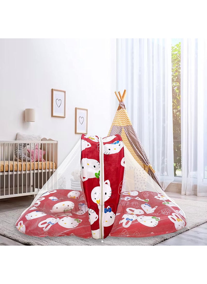 CUSTOMARY New Born Baby Mattress with Mosquito Net Sleeping Bag Combo Baby Gift Set Red Kitty Sky Blue