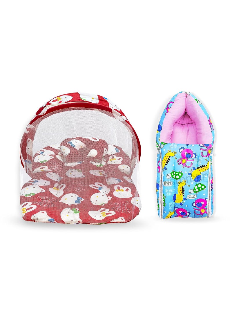 CUSTOMARY New Born Baby Mattress with Mosquito Net Sleeping Bag Combo Baby Gift Set Red Kitty Sky Blue