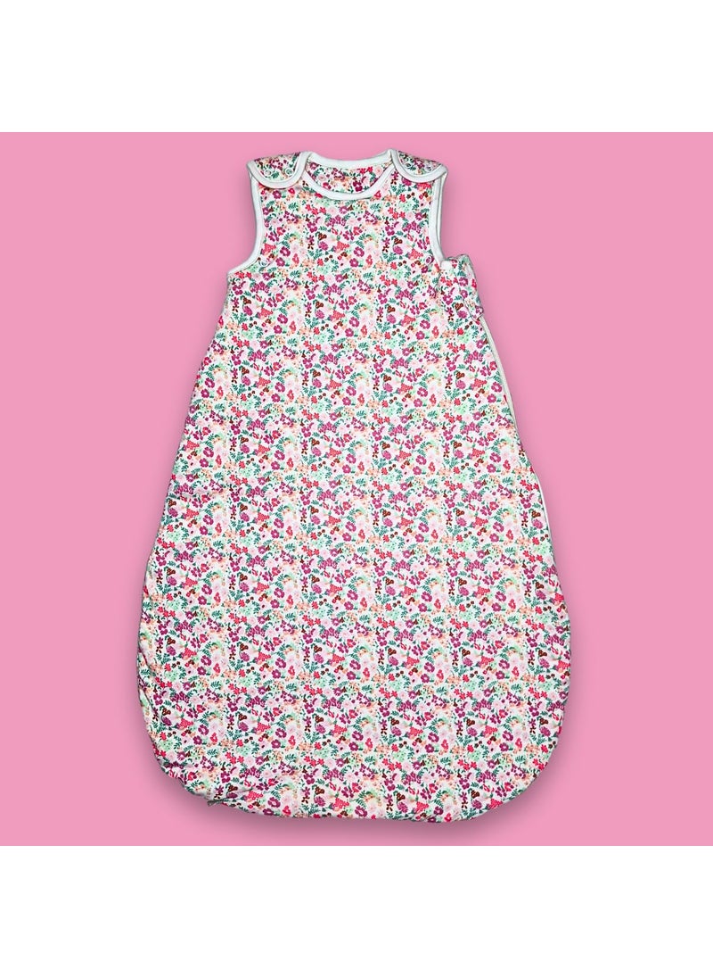 TuddyBuddy Baby Cotton Wearable Quilted Sleeping Bag Blanket 15 Tog with 2 Way Zipper Closure Ideal for Babies Kids Hypoallergenic Fabrics Pink Floral AOP White 06 Months
