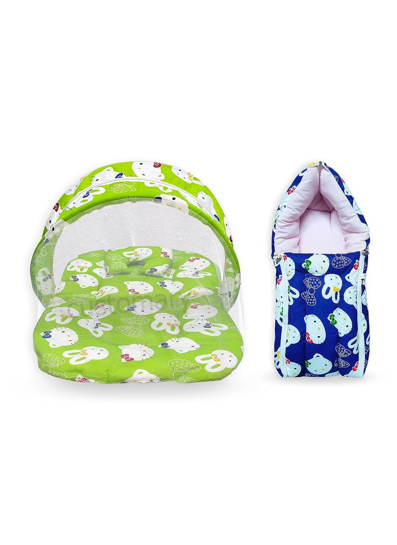 CUSTOMARY New Born Baby Mattress with Mosquito Net Sleeping Bag Combo Baby Gift Set 03 Months Green Kitty Blue Kitty