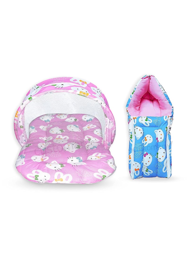 CUSTOMARY New Born Baby Mattress with Mosquito Net Sleeping Bag Combo Baby Gift Set Pink Kitty Sky Blue Kitty