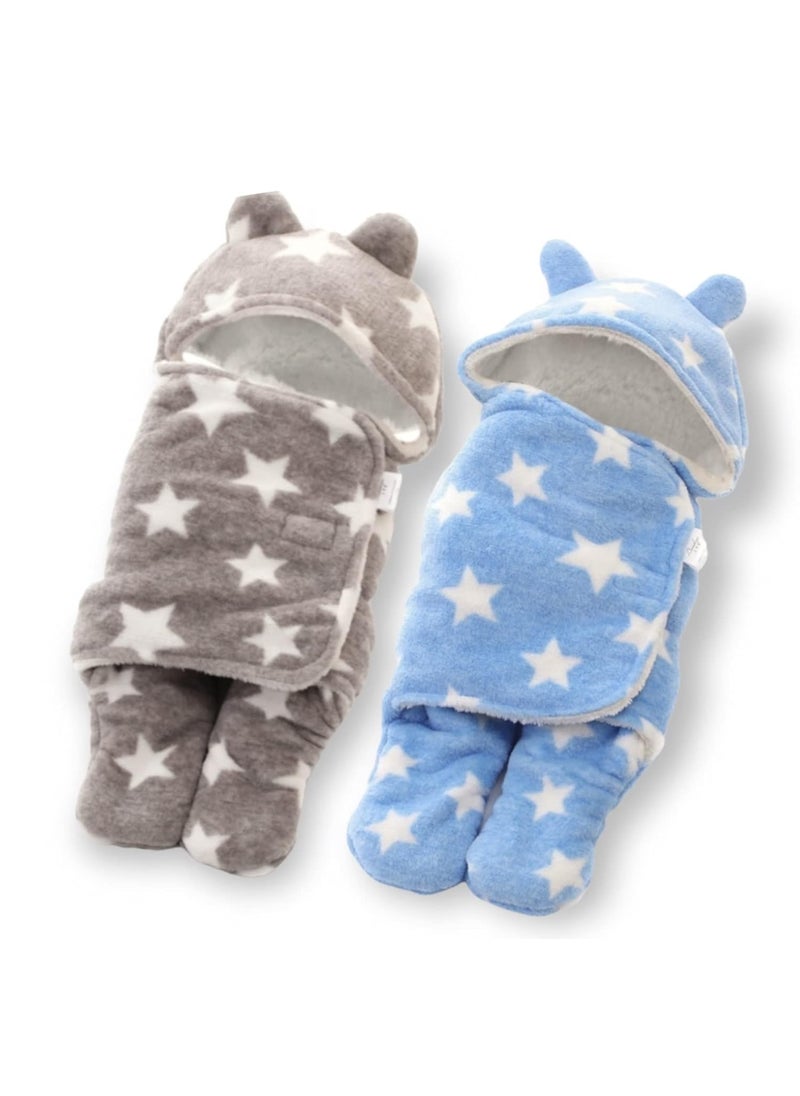 First Kick New Born Sleeping Bag Combo Pack of Super Soft Wearable Baby Wrapper Durable Fleece Polyester Cum Baby Sleeping Bag for Baby Boys Girls 76cm x 70cm 06 Months Pack of 2 Stars Grey Blue