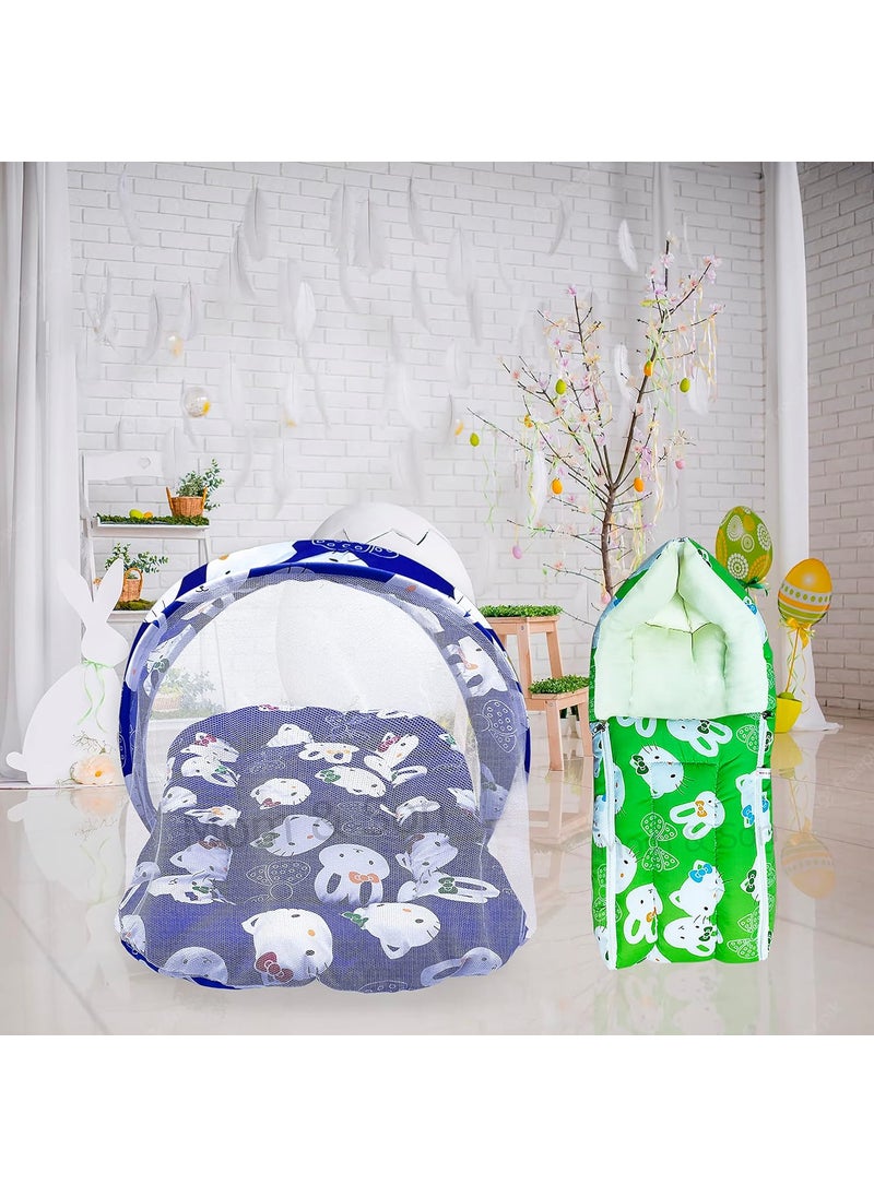 MOM SON New Born Baby Mattress with Mosquito Net Sleeping Bag Combo Gift Set 03 Months Blue Kitty Green Kitty