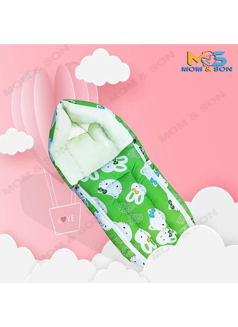 MOM SON New Born Baby Mattress with Mosquito Net Sleeping Bag Combo Gift Set 03 Months Blue Kitty Green Kitty
