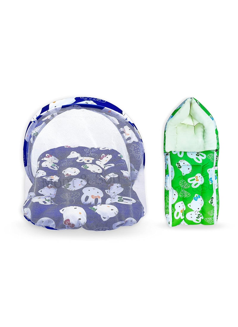 MOM SON New Born Baby Mattress with Mosquito Net Sleeping Bag Combo Gift Set 03 Months Blue Kitty Green Kitty