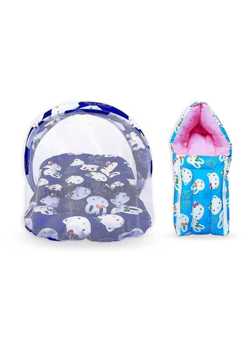 MOM SON New Born Baby Mattress with Mosquito Net Sleeping Bag Combo Gift Set 03 Months Blue Kitty Sky Kitty