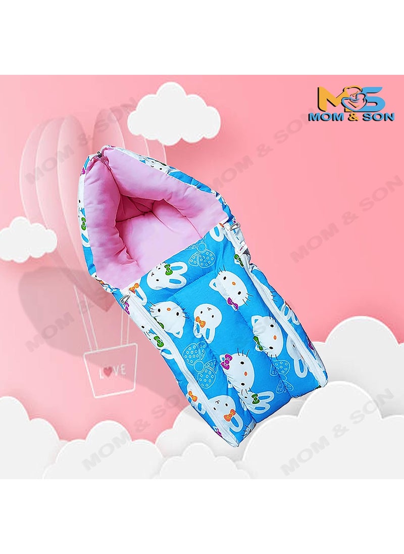 MOM SON New Born Baby Mattress with Mosquito Net Sleeping Bag Combo Gift Set 03 Months Blue Kitty Sky Kitty