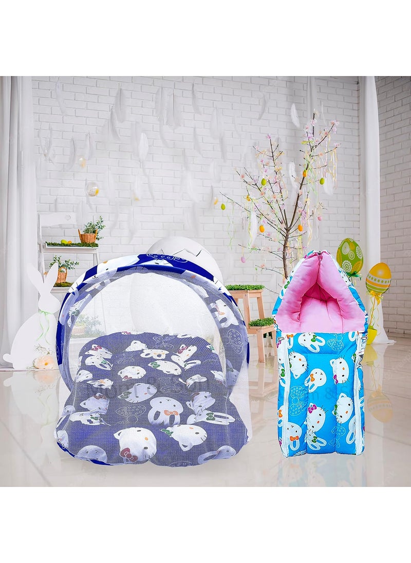 MOM SON New Born Baby Mattress with Mosquito Net Sleeping Bag Combo Gift Set 03 Months Blue Kitty Sky Kitty