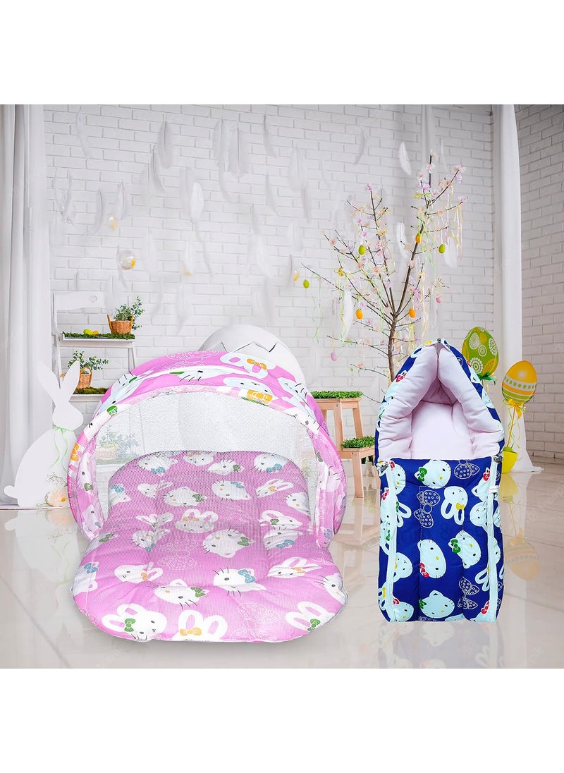MOM SON New Born Baby Mattress with Mosquito Net Sleeping Bag Combo Gift Set 03 Months Pink Kitty Blue Kitty