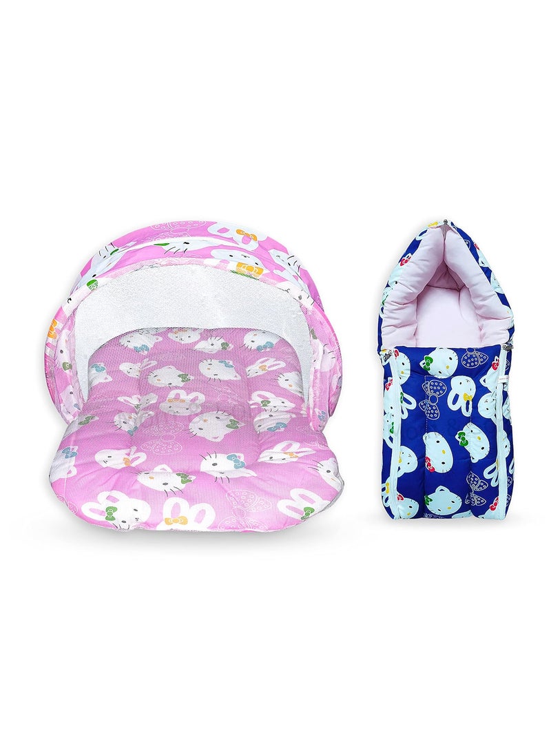 MOM SON New Born Baby Mattress with Mosquito Net Sleeping Bag Combo Gift Set 03 Months Pink Kitty Blue Kitty