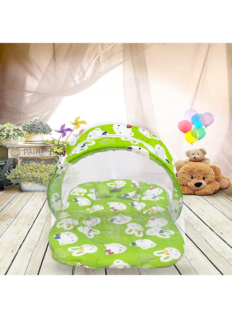 MOM SON New Born Baby Mattress with Mosquito Net Sleeping Bag Combo Gift Set 03 Months Green Kitty Sky Blue