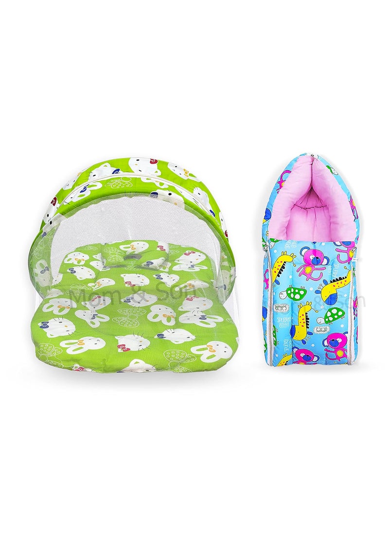 MOM SON New Born Baby Mattress with Mosquito Net Sleeping Bag Combo Gift Set 03 Months Green Kitty Sky Blue