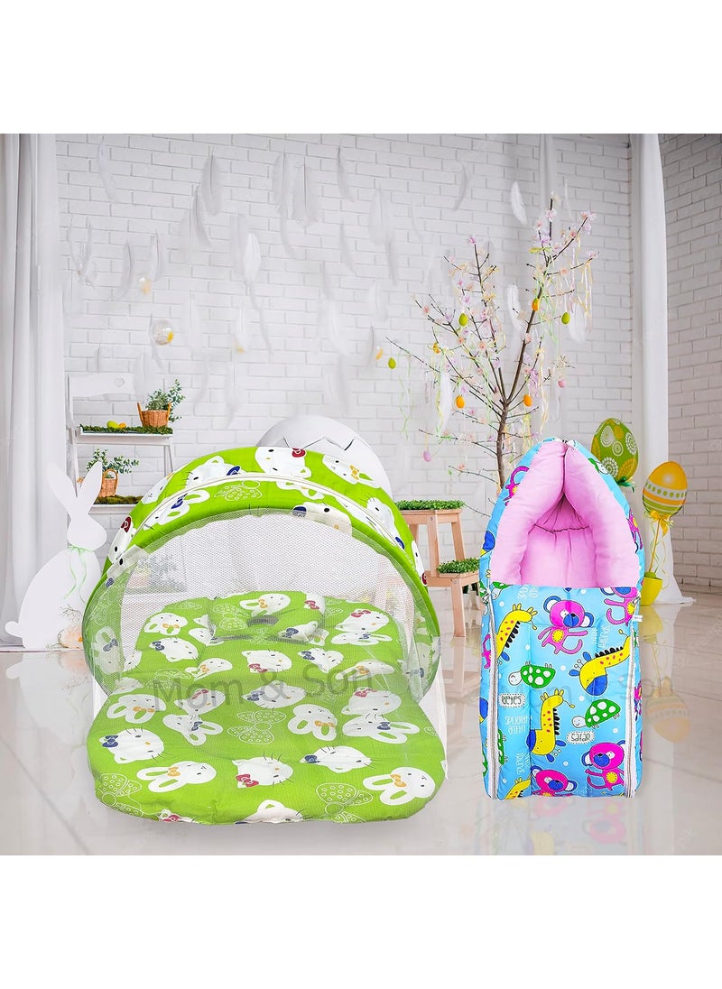 MOM SON New Born Baby Mattress with Mosquito Net Sleeping Bag Combo Gift Set 03 Months Green Kitty Sky Blue